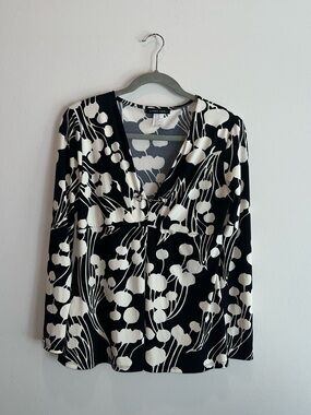 Vintage Linda Leal Top L Black White Abstract Floral V-Neck Metal Buckle Y2K